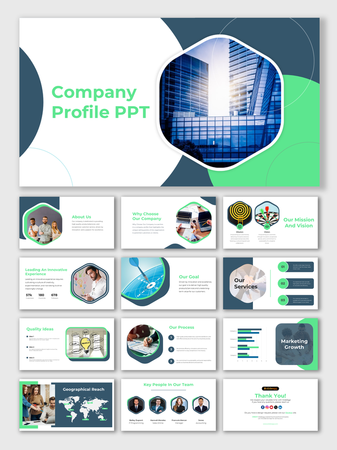 Green and blue themed company profile PowerPoint with slides highlighting mission, vision, goals, and services.