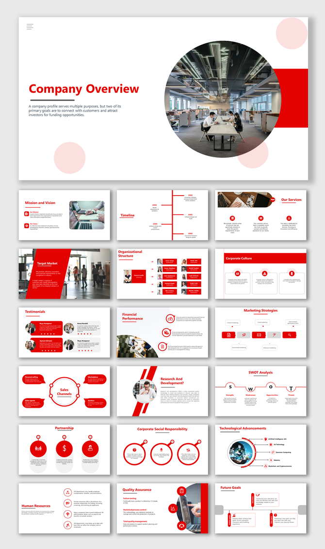Company profile slide deck with red and white theme, showcasing sections like mission, timeline, and SWOT analysis.
