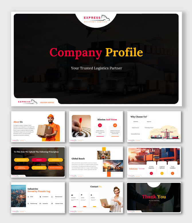 Logistics Company Profile with mission, services, global reach, industry focus, and contact details.