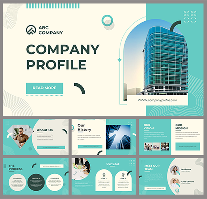 Modern company profile PowerPoint slides with sections on company history, mission, vision, and team members.