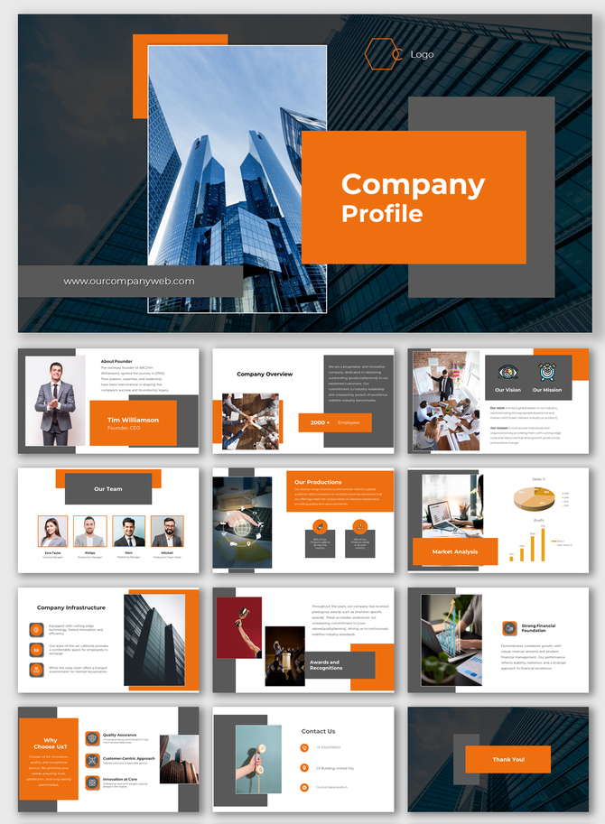 Company profile slide deck layout with modern orange and gray design elements across multiple slides.