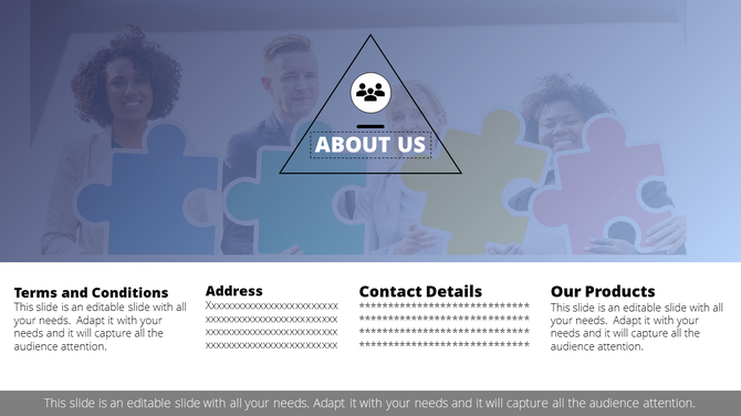 Team photograph with a central triangle about us icon and sections for terms, address, and product info.