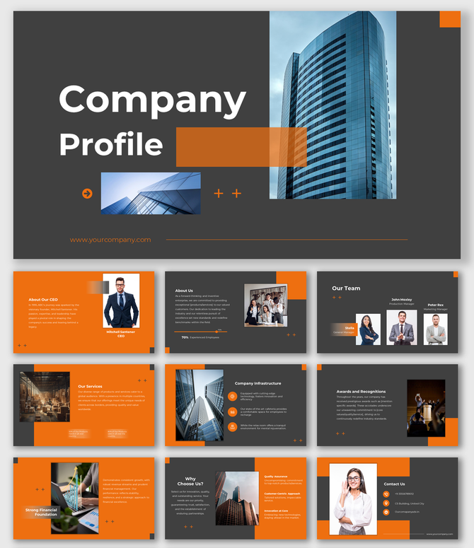 Modern company profile slide deck with gray and orange theme, featuring team, services, and contact details.