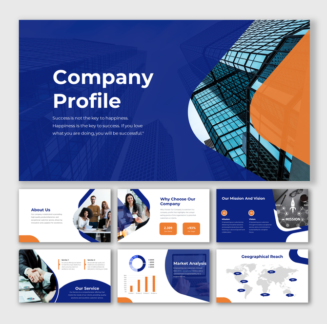Company profile slide deck featuring business visuals, charts, and service details, in orange and blue highlights.