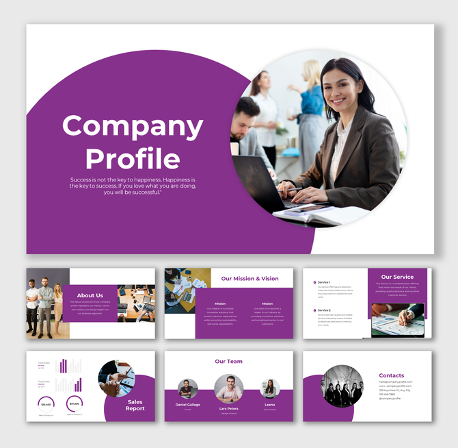 Company profile layout with a purple theme, team photos, and text sections for mission, vision, and services.