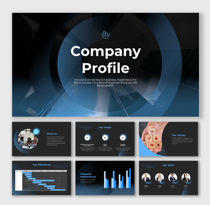 Company profile slides with a sleek blue and black design, featuring sections like vision, values, and financial performance.