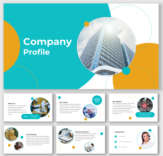 Slide deck showcasing a modern layout with a teal background, circular accents, and corporate building imagery.