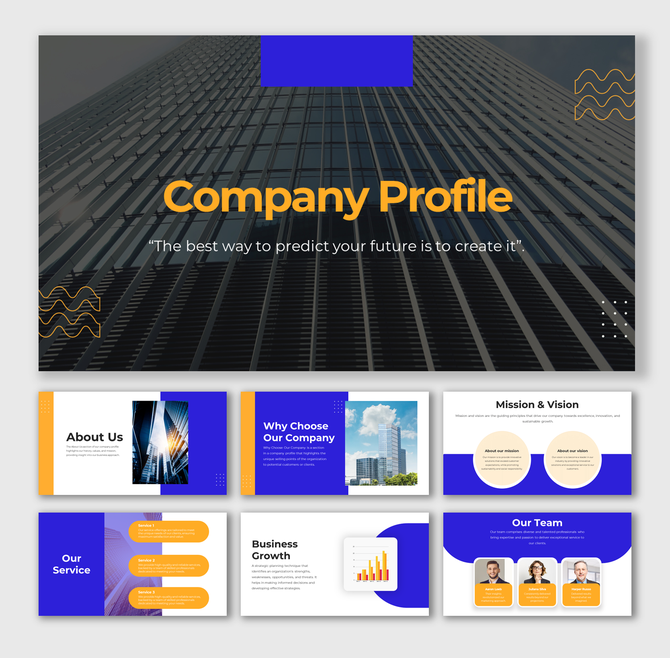Slide deck for company profile, combining skyscraper imagery, charts, in bold orange and blue design accents.