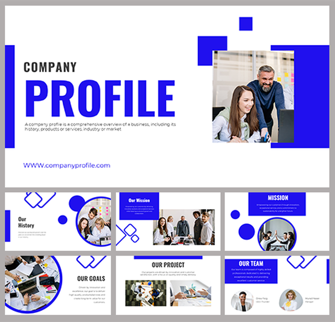Modern company profile PowerPoint slides featuring sections on history, mission, and team.