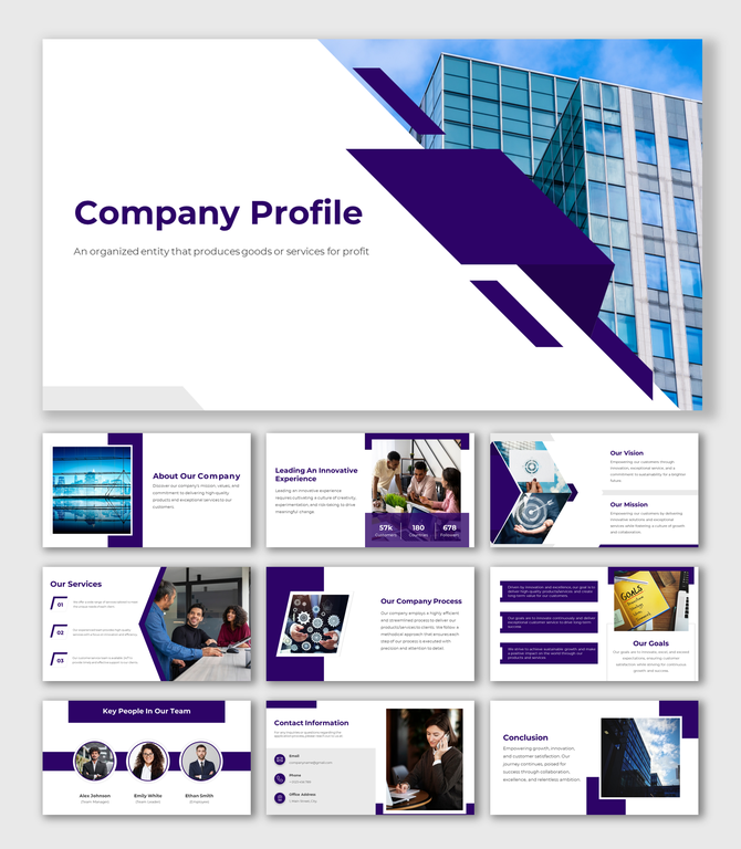 Modern company profile presentation with purple geometric design and structured content slides with images.