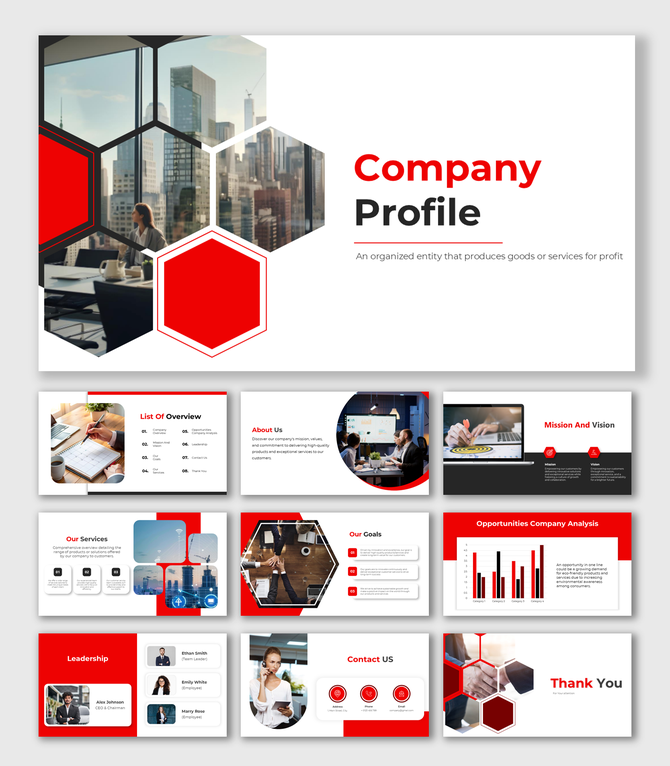 Company profile template with red hexagonal elements, image placeholders, and sections for services, goals, and team.