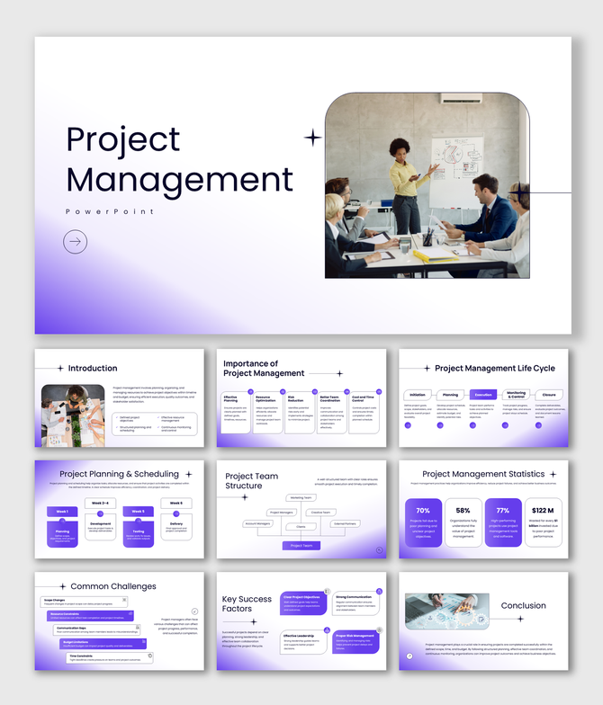 Blue themed project management slide with a circular layout showing six key elements around a central data image.