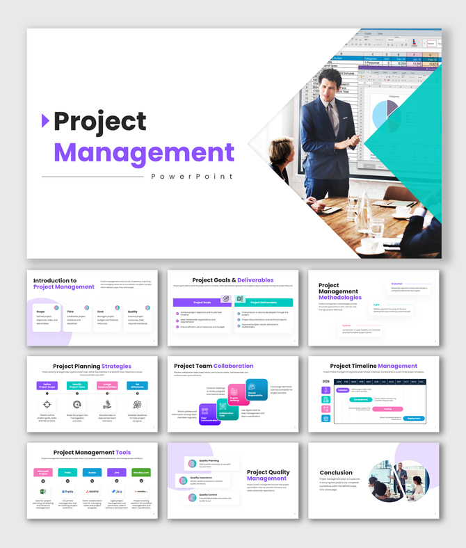 Project management presentation with multicolor design, timeline chart, goals, collaboration blocks and tools slides.