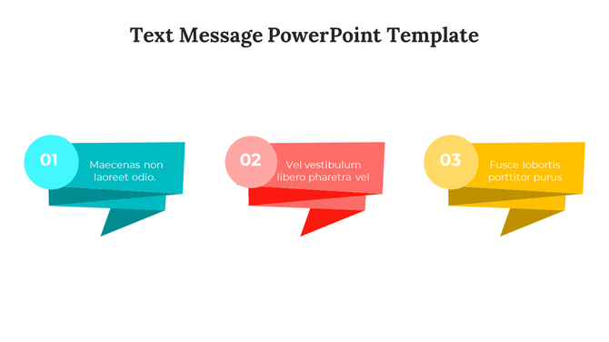 Three colorful text bubbles in teal, red, and yellow with numbered circles at the top left and captions inside.