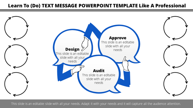 Text message slide featuring three blue speech bubbles labeled Design, Approve, and Audit, held by hand illustrations.