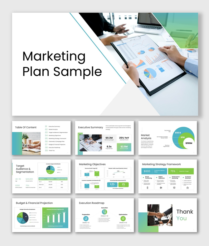Sample Marketing Plan presentation with teal theme, charts, audience segmentation, objectives and strategy framework slides.