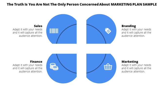 Split blue circle with four sections, each featuring icons and labels for sales, branding, finance, and marketing.