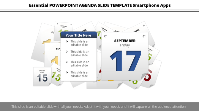 PowerPoint slide featuring a calendar layout with numbered days and text sections for agenda details.