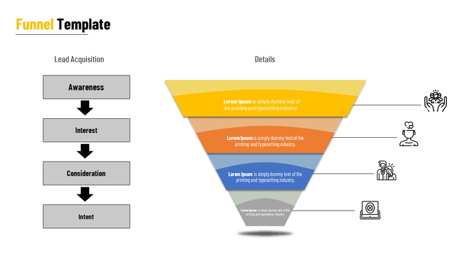 Funnel template showing four steps in lead acquisition with colorful sections and matching icons next to descriptive text.