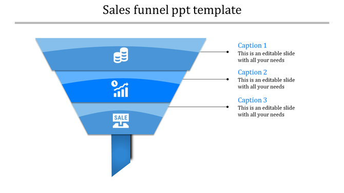 PowerPoint slide illustrating the blue sales funnel with icons representing stages from leads to sale and captions.