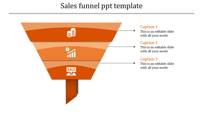 Sales funnel diagram with three orange layers, labeled with captions and icons for money, growth, and sales at the bottom.