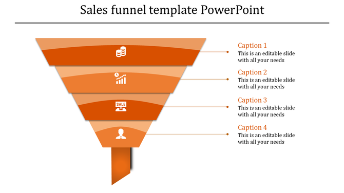 Orange sales funnel slide with four layers, each labeled with captions and icons representing stages from revenue to users.