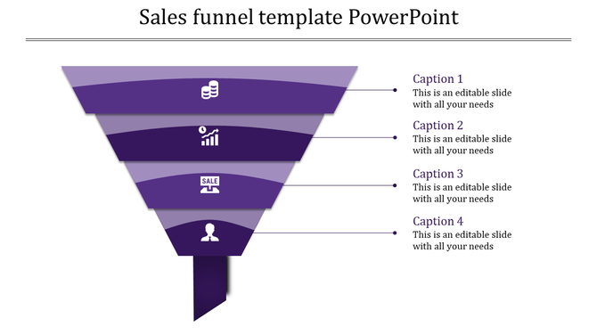 Sales funnel template in shades of purple, showing layers for financial data, growth, sales, and customer information.