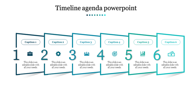 Timeline with six teal framed boxes in a row, each numbered 1 to 6, each with icons and captions inside.