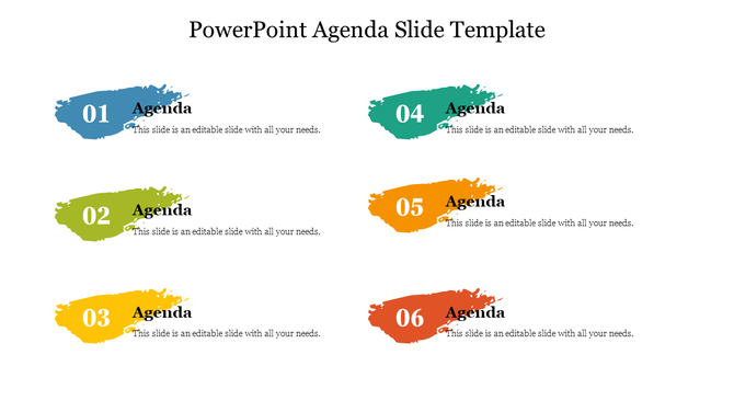 Colorful PowerPoint agenda slide with six sections, each labeled with a number and vibrant color swatches.