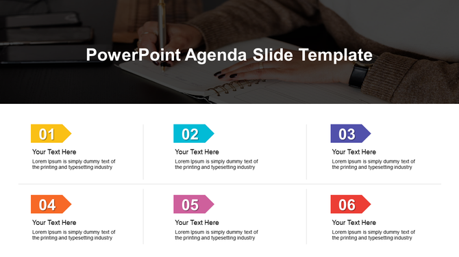 Agenda slide with six sections for text, each containing a colorful arrow icon, over a photo of handwriting on a notebook.