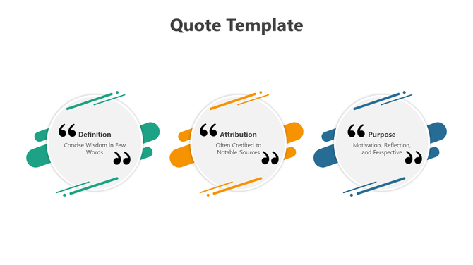 Three circular quote boxes with teal, orange, and blue accents, aligned in a row, against a white background.