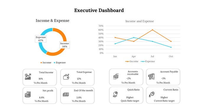 An executive dashboard showing income and expense distribution, with key financial metrics and a line graph.