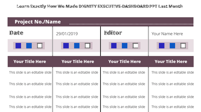 Business executive dashboard template displaying project information, including date and editor with placeholder text.