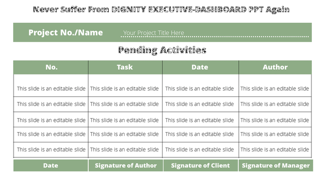 Project dashboard with a table containing rows for tasks, dates, and signature for author, client, and manager approval.