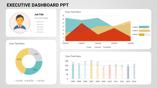 Executive dashboard slide with a pie chart, bar graph, area chart, and a profile section for job title and details.