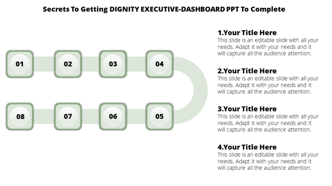 Curved green flowchart with numbered steps 01 to 08 on the left, paired with four text boxes for details on the right.
