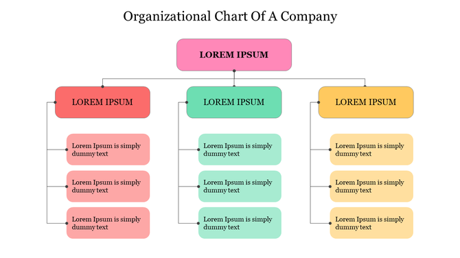 Colorful organizational chart showing a company structure with roles and descriptions for each department.