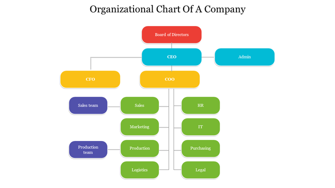 Organizational chart with color-coded boxes in red, blue, yellow, green, and purple showing company hierarchy.