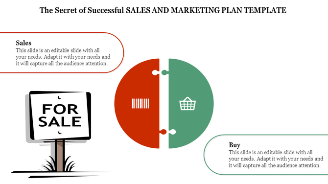 Sales and buy infographic with a divided red-green circle, barcode, basket icons, and for sale sign illustration.