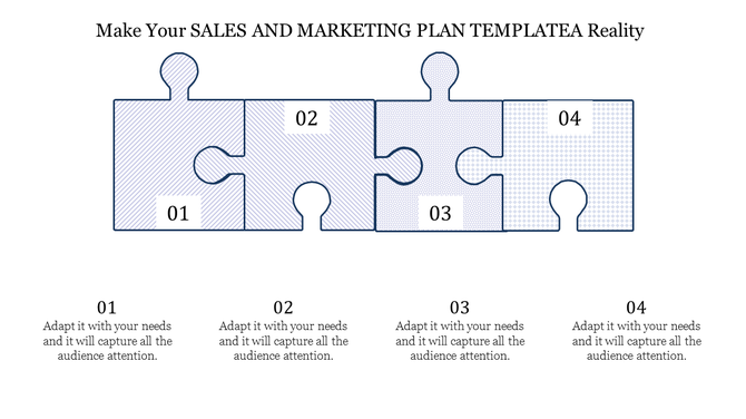Horizontal puzzle sales and marketing infographic with four connected pieces numbered 01 to 04, paired with text below.