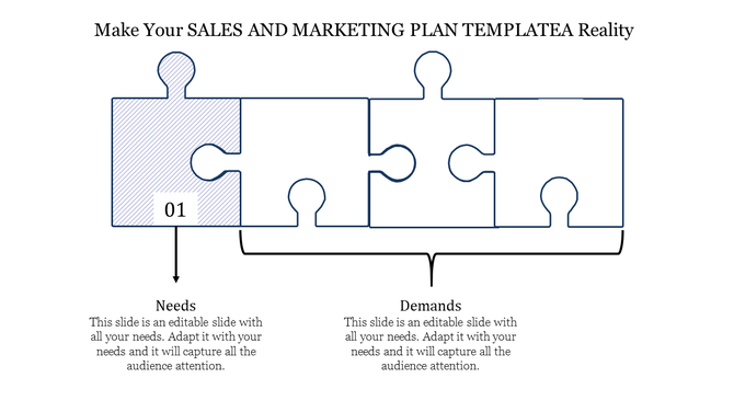 Puzzle graphic for sales and marketing with four interlocking pieces, focusing on sections labeled needs and demands.