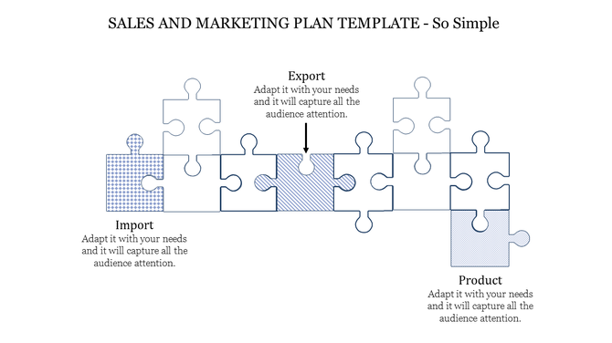 Puzzle diagram for sales and marketing with shaded pieces labeled import, export, and product, with placeholder text.