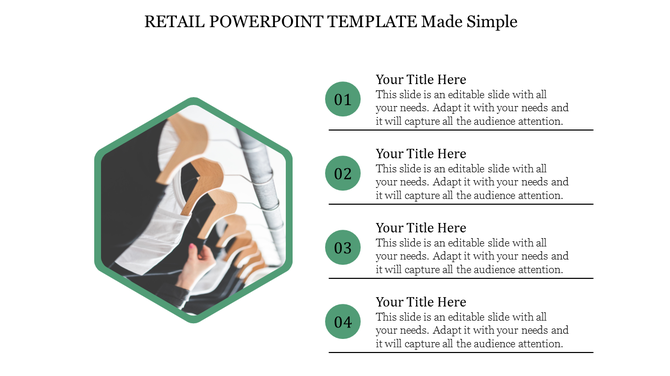 Retail PowerPoint template with sections for titles and descriptions alongside an image of clothing hangers.