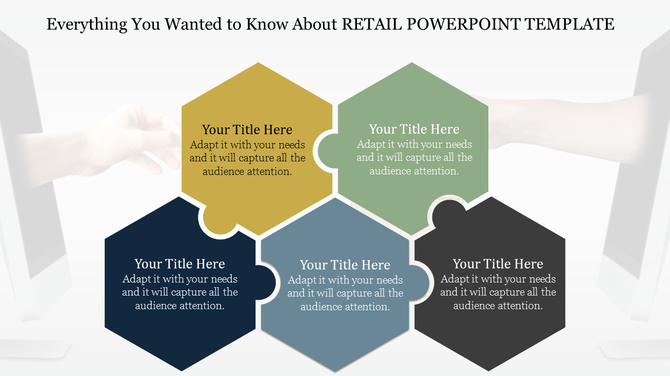 Retail PowerPoint template with four sections for titles and content, featuring a background of hands and computer screens.