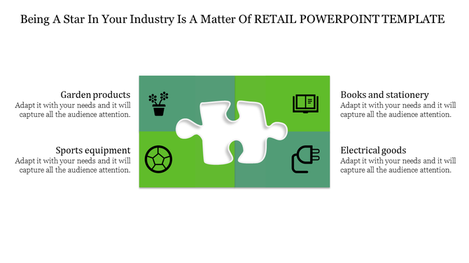 White puzzle piece in the center on a green and teal background with four icons and text describing retail categories.