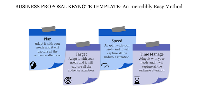 Infographic featuring four steps of a business proposal in taped note designs with blue and purple shades.