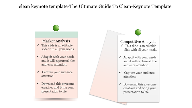 Clean keynote slide featuring two sticky notes on Market Analysis and Competitive Analysis, each containing bullet points.