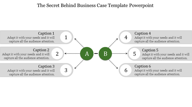 Slide design for a business case highlighting two main sections with corresponding captions for explanation and emphasis.