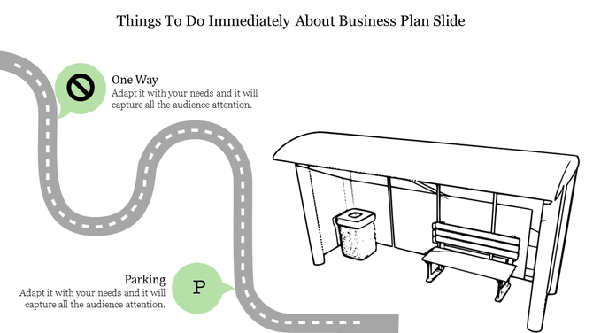 Curved road illustration with traffic elements, including green one-way and parking signs, leading to a black-and-white.