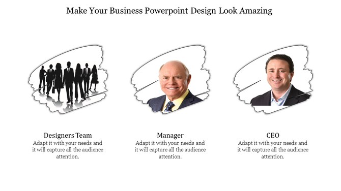Three-part slide featuring black silhouettes of a business team, a bald manager in a suit, and a smiling CEO.